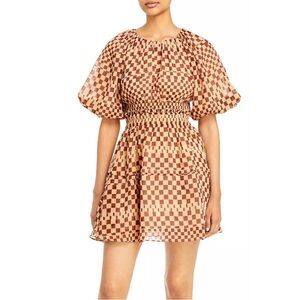 MOON RIVER Grid Print Bubble Sleeve Back Cutout Mini Dress size small brown NWT